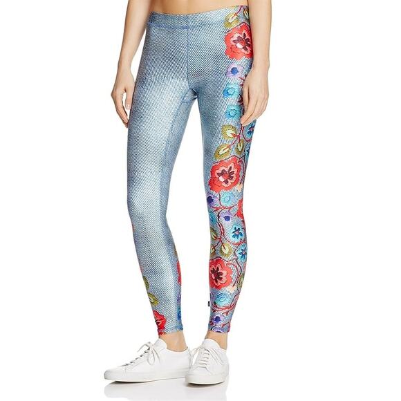 Terez Pants - TEREZ Floral Embroidery Denim Print Leggings Womens XS Pull On Low Rise Ankle